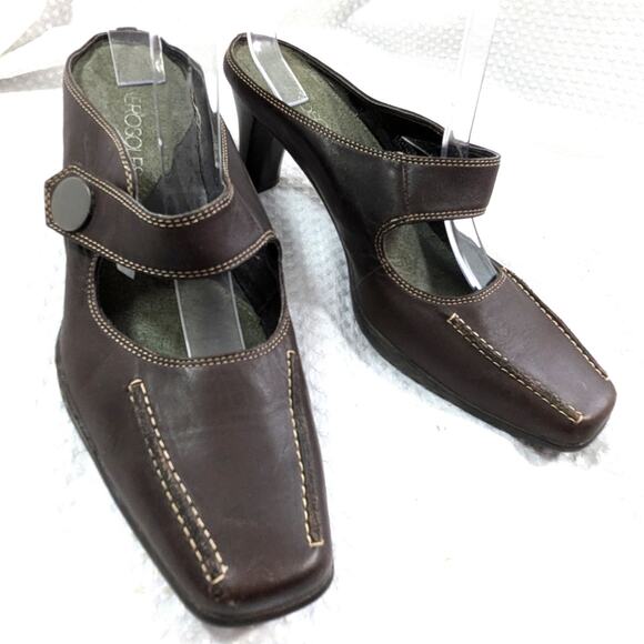 AEROSOLES! ESPRESSO BROWN GENUINE LEATHER CONTRAST STITCHED MJ MULES! SZ 8.5M - Picture 1 of 10